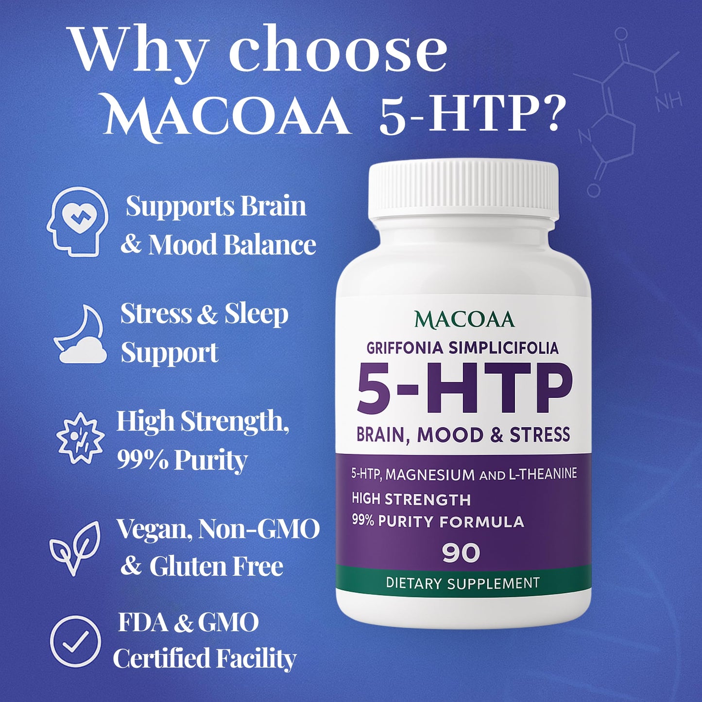 MACOAA 5-HTP Supplement, 4000mg High Strength, 99% Purity 5HTP Griffonia Seed Extract Complex with Magnesium Bisglycinate and L-Theanine, Sleep and Mood Support, 90 Capsules | 3 Month Supply