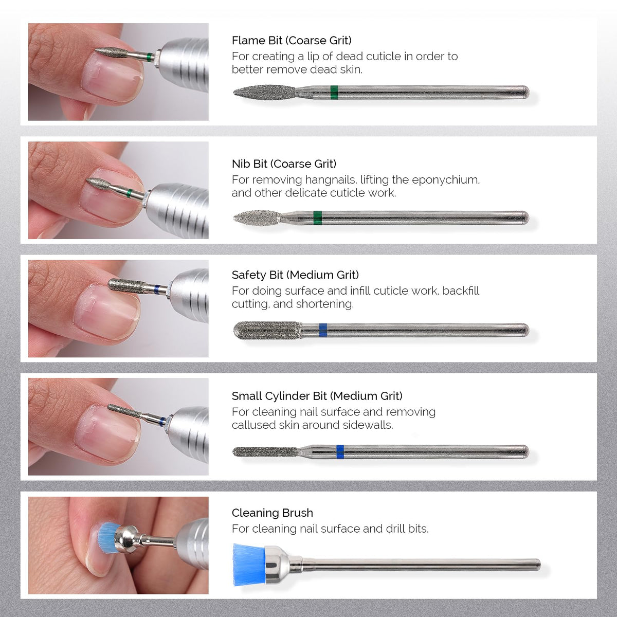 MelodySusie MELODYSUSIE Nail Drill Bits Set Diamond Metal Professional 3/32 Inches, for Acrylic Nails and Electric Nail Files Drill Machine Manicure Pedicure Home Salon Use, 10pcs (Sliver)