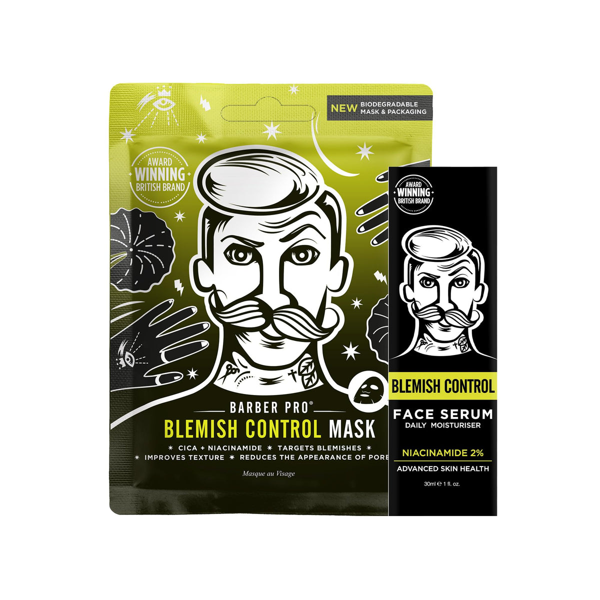 BARBER PRO BLEMISH CONTROL DUO 2-in-1 Mens Face Mask & Serum Prevent Breakouts & Improve Skin Texture Cica & Niacinamide Natural Vegan Skincare 100% Biodegradable Multi Award Winning Brand
