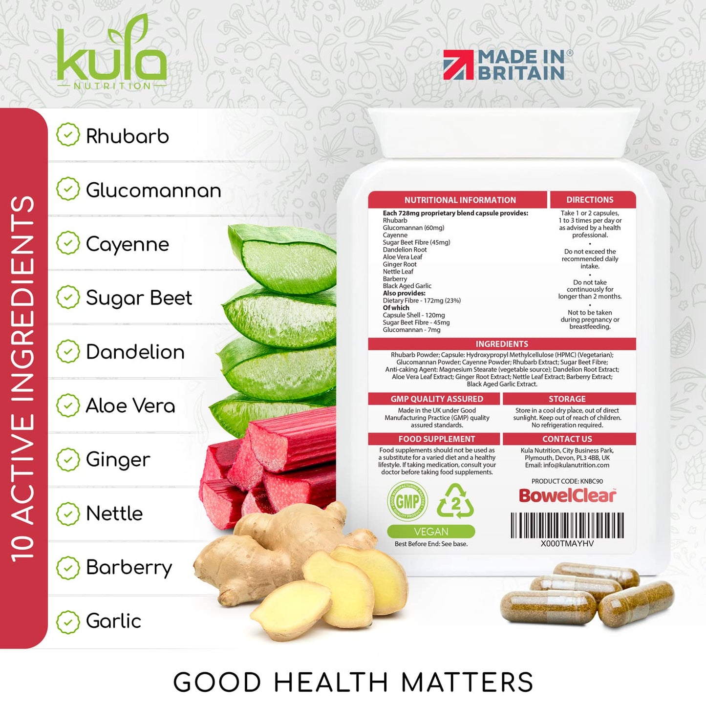 Kula Nutrition BowelClear - Strong Colon Cleanse Detox – Fast-Acting Herbal Laxatives for Constipation Relief in Adults - Natural Stool Softener with Aloe Vera, Fibre for Regular Bowel Movements - 90 Vegan Capsules