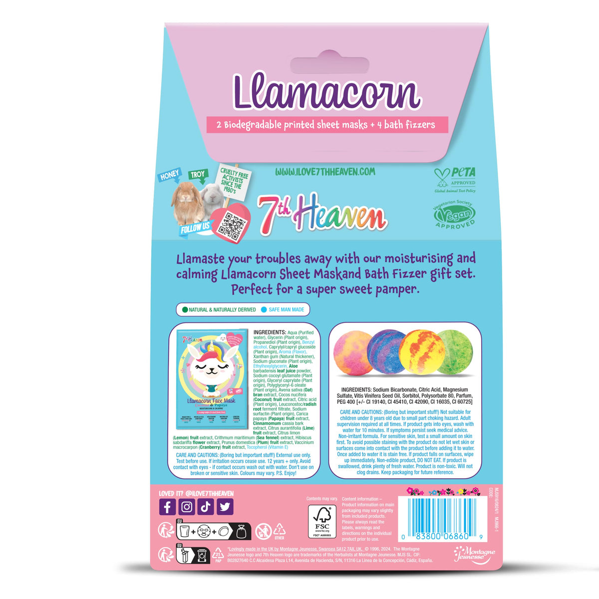 7th Heaven Llamacorn Bath Set (Contains 2 Biodegradable Printed Sheet Masks & 4 Bath Fizzers for Kids). Soothing Kids Face Masks Age 12+, Fun Bath Bomb Set - Genuine 7th Heaven Face Masks Skincare