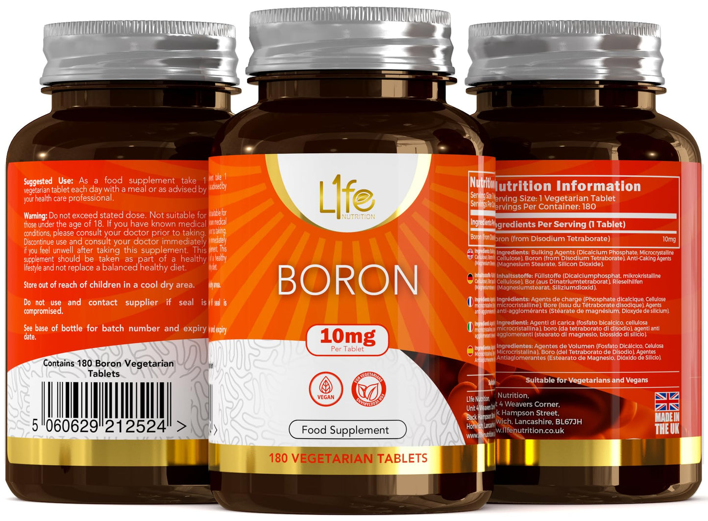 L1fe Nutrition LN Boron Supplements | 180 High Strength Vegan Boron Tablets - 10mg Supplement per Capsule | Non-GMO, Gluten, Dairy & Allergen Free | Manufactured in The UK
