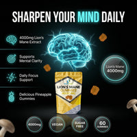 Lions Mane Gummies 4000mg | Super Strength Lion's Mane Supplement | 1 Month Supply | Mushroom Extract | Pineapple Flavour | 60 Vegan Gummies | Sugar Free | Focus, Mental Performance | by NutriVolv