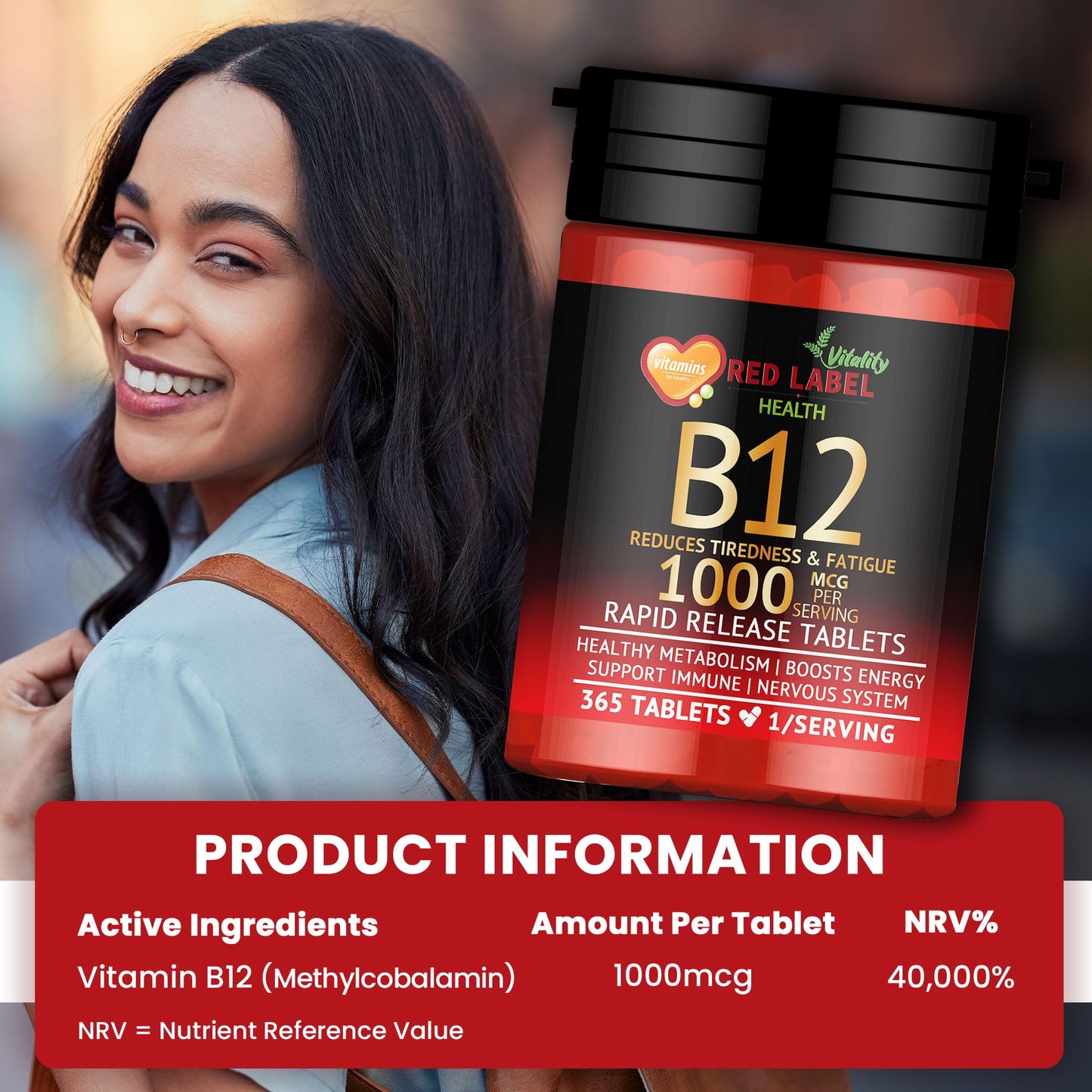Red Label Health Vitamin B12 Tablets High Strength 1000mcg, 365 Tablets (1 Year Supply) Methylcobalamin B12 for Tiredness, Fatigue & Energy Vegan & Vegetarian-Friendly Made in the UK