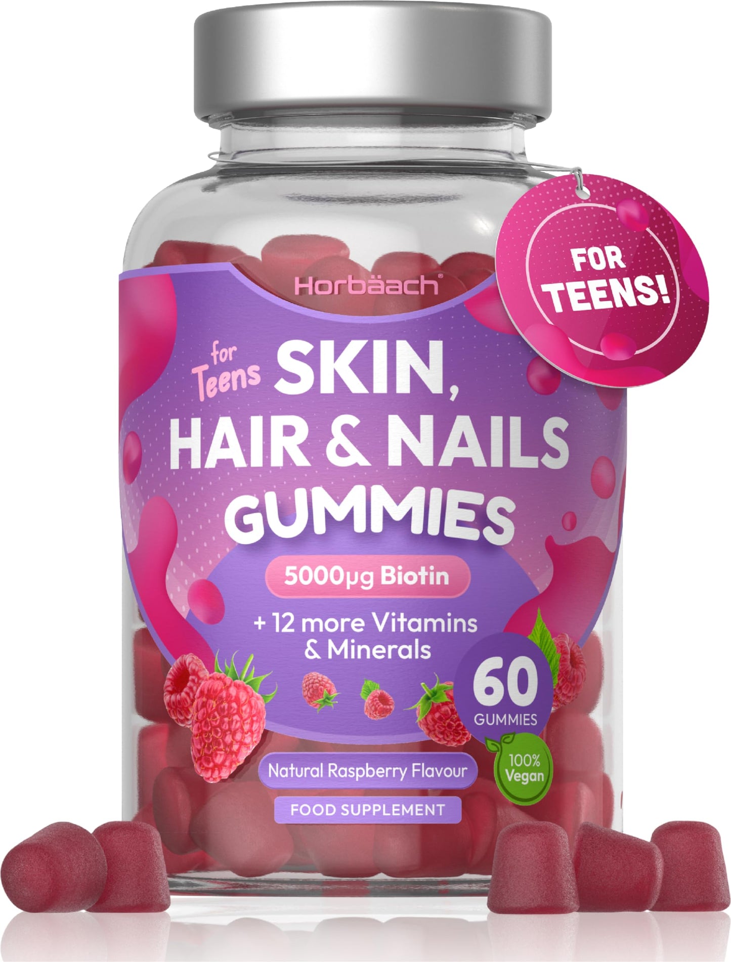 Horbäach Skin Hair and Nail Vitamin Gummies for Teens | 60 Count | Natural Raspberry Flavour | 5000ug of Biotin with 12 More Vitamins and Minerals | Vegan Food Supplement | by Horbaach