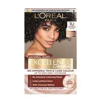 L'Oreal Paris L'Oréal Excellence Nudes 1U Universal Black: 100% Grey Coverage, Flattering for All Hair Textures. Achieve a natural-looking black with a subtle, universal reflect that enhances your complexion.