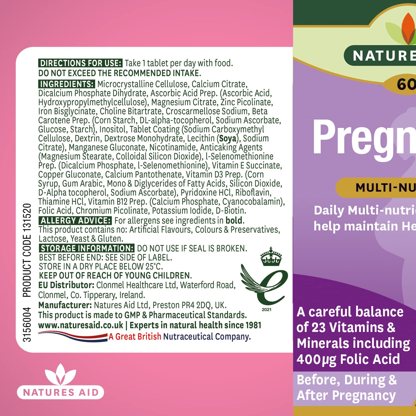 Natures Aid Pregnancy Multi-Vitamins and Minerals Tablets (23 Essential Vitamins and Minerals, 60 Tablets, Before, During and After Pregnancy, Vegan Society Approved, Made in the UK)
