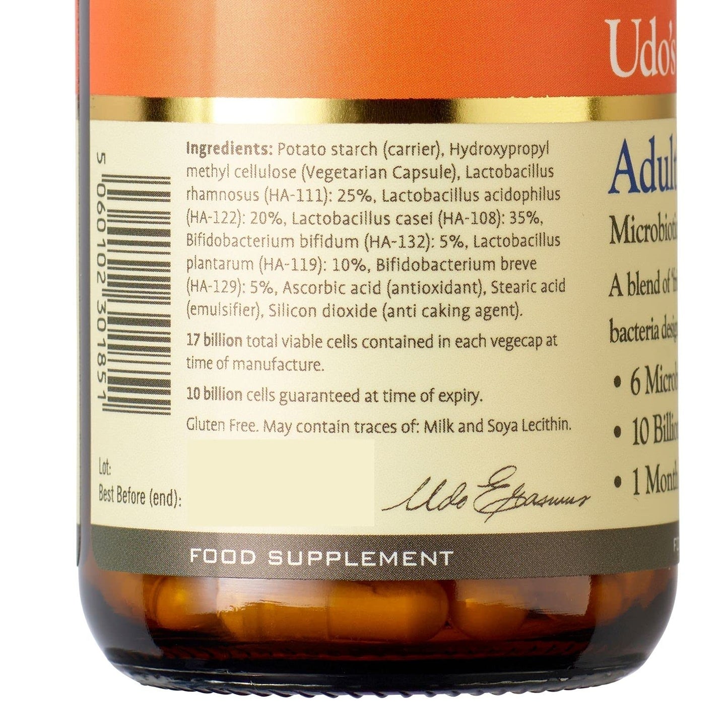 Udo's Choice Adults Blend Age Specific Probiotics - Lacto & Bifido Bacteria - 17 Billion Cell Count - 6 Microbiotics Strains - 30 Vegecaps - One a Day