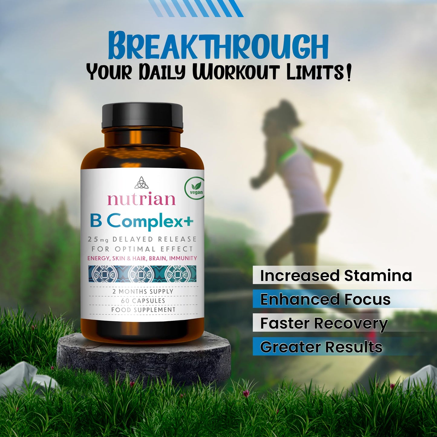 Nutrian Vitamin B Complex High Strength - 60 Capsules - Vegan - Delayed Release - Blend of B Vitamins for Immune Support, Cognitive Function, Healthy Skin & Hair - 2 Months Supply