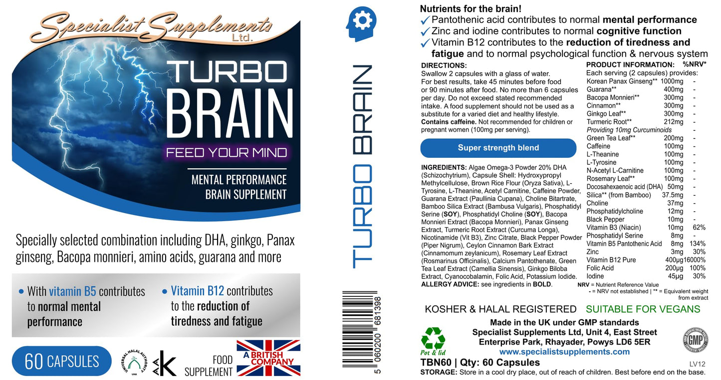Specialist Supplements Turbo Brain (Mental Performance Brain Supplement), 60 Capsules