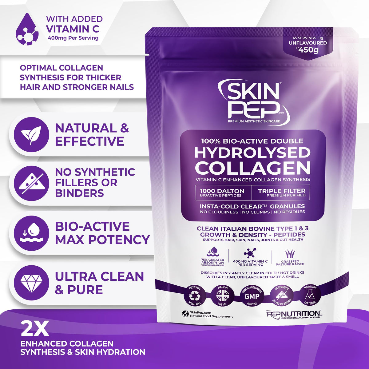 Collagen Peptides Powder Bioactive 1000 Dalton - SkinPep (225g) | 100% Pure Grass Fed Bovine | Halal Certified, UK Made | Double Hydrolysed + Vitamin C | Unflavoured Supplement for Women & Men