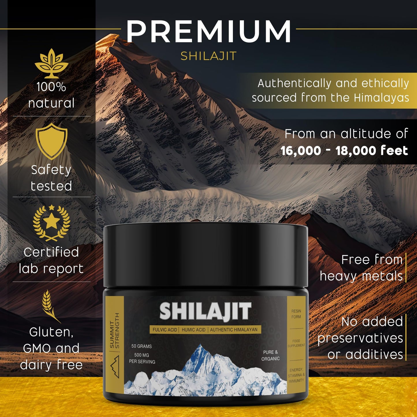 Summit Strength Shilajit Resin 50g, Authentic Himalayan Gold Grade, 100% Pure & Organic, 80% Fulvic Acid, 85+ Minerals & Ayurvedic Herbs, Supports Energy & Immune System, 500mg Per Serving