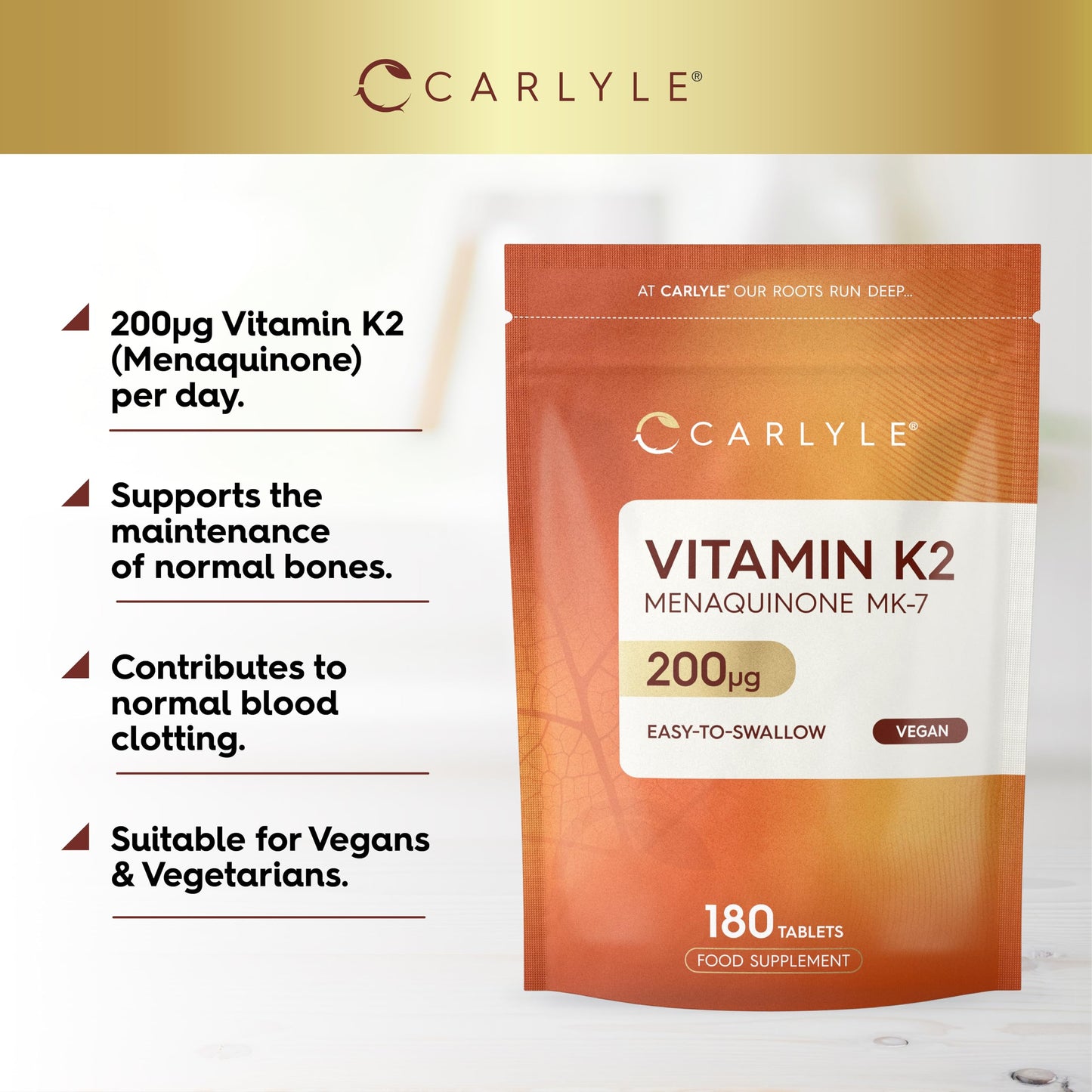 Vitamin K2 MK7 200mcg | High Strength | 180 Vegan Tablets | Menaquinone-MK7 | Suitable for Vegetarians and Vegans | By Carlyle