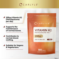 Vitamin K2 MK7 200mcg | High Strength | 180 Vegan Tablets | Menaquinone-MK7 | Suitable for Vegetarians and Vegans | By Carlyle