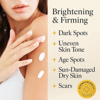 MED Vitamin C + Turmeric Brightening Body Cream – Firming Moisturiser for Uneven Skin Tone, Age Spots & Sun Damage | Shea Butter & Aloe Vera | Vegan | Eco Exfoliating Gloves & Prosperina Card