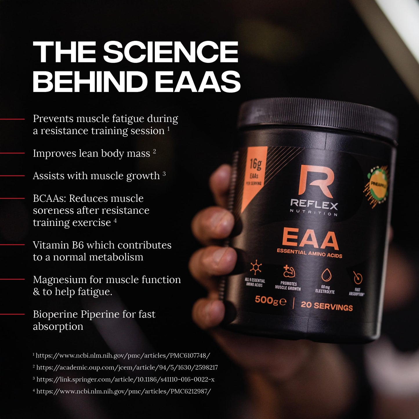 Reflex Nutrition EAA - Complete Essential Amino Acids - 16g EAAs with BCAAs, Vitamin B6, Electrolytes - Full Spectrum Amino Acids Powder for Muscle Growth & Recovery (Mango, 500g, 20 servings)