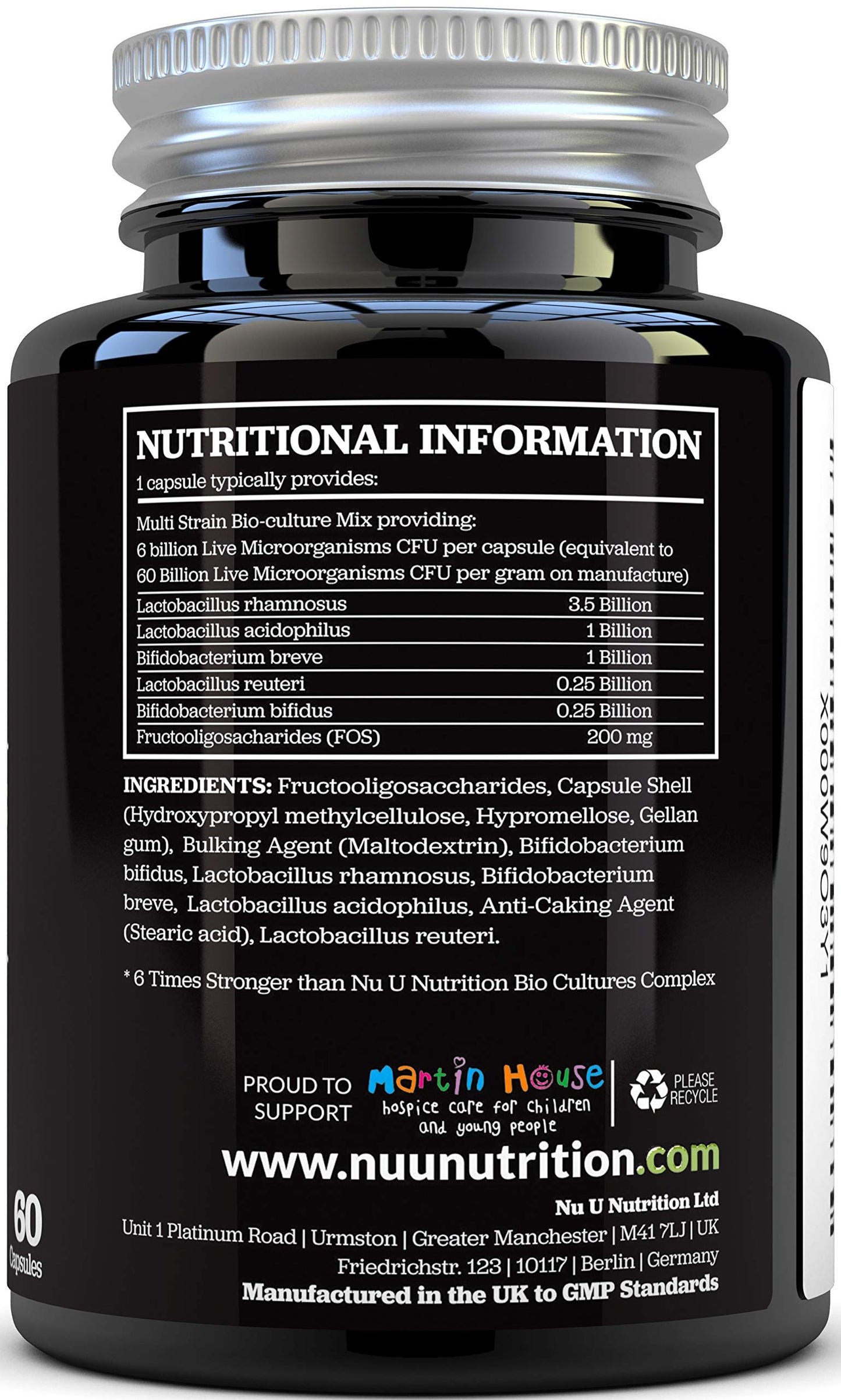 Bio Cultures Probiotics 60 Billion CFU - 60 Capsules - 2 Month Supply - 5 Active Vegetarian Strains with Lactobacillus Acidophilus & Bifidobacterium - Gut Supplements for Women & Men - Nu U Nutrition