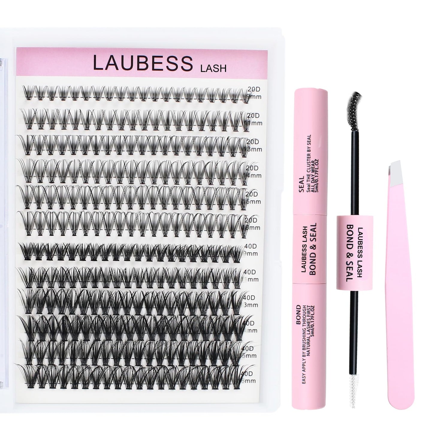 LAUBESS Lash Extension Kit 240 Pcs Cluster Lashes Kit Individual Lashes with Bond and Seal & Eyelash Tweezers Eyelash Extension Kit Lash Clusters (Set 20D/40D-0.07D-9-16Mix)