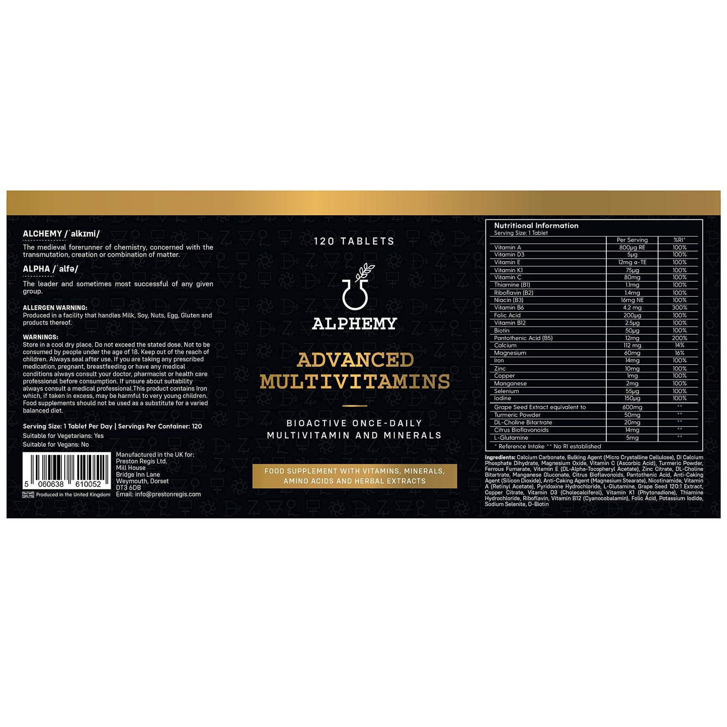 Alphemy Advanced Multivitamin and Minerals - 120 Tablets, (4 Month Supply) 26 A-Z High Strength Bioactive Vitamins and Minerals. Daily Tablets for Men & Women – UK Manufactured