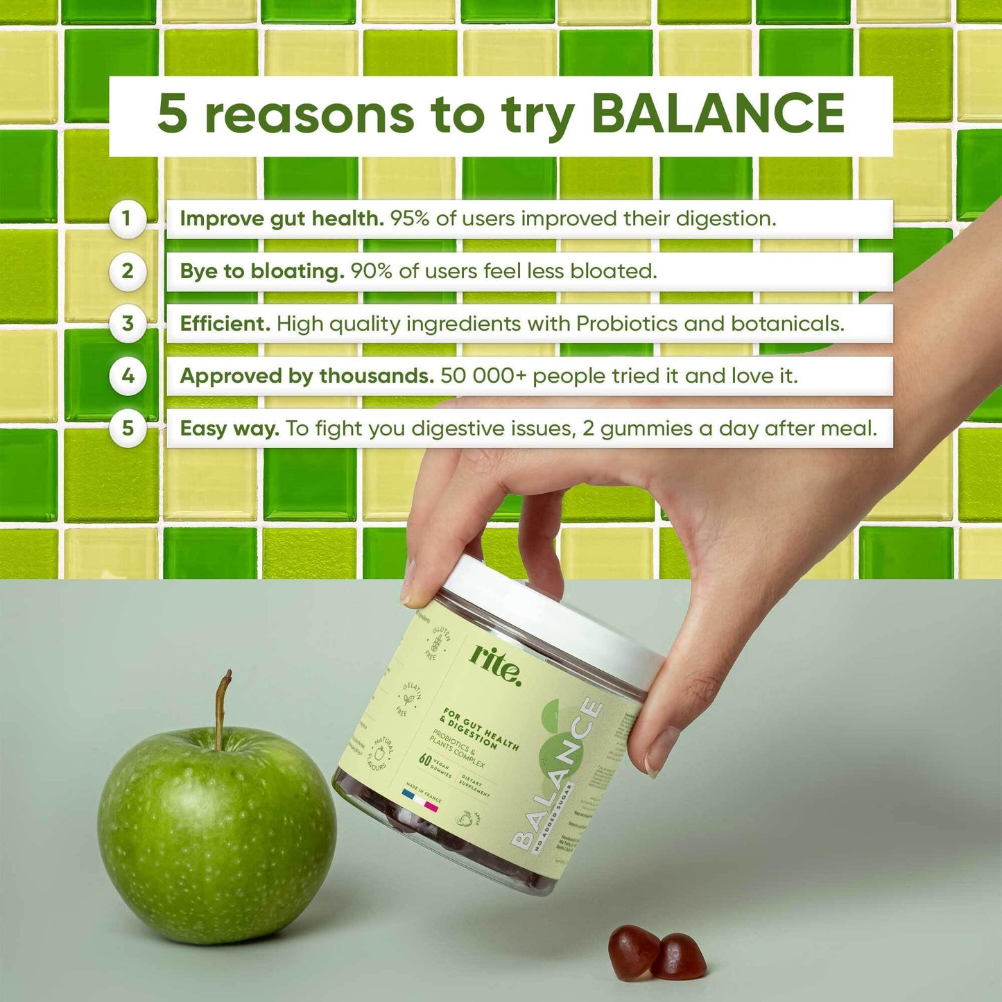 Rite Balance Probiotics Sugar Free Gummies, Gut Health, Digestion, Bloating Relief and Immune Support, Vegan, Apple Flavour (60 Count)