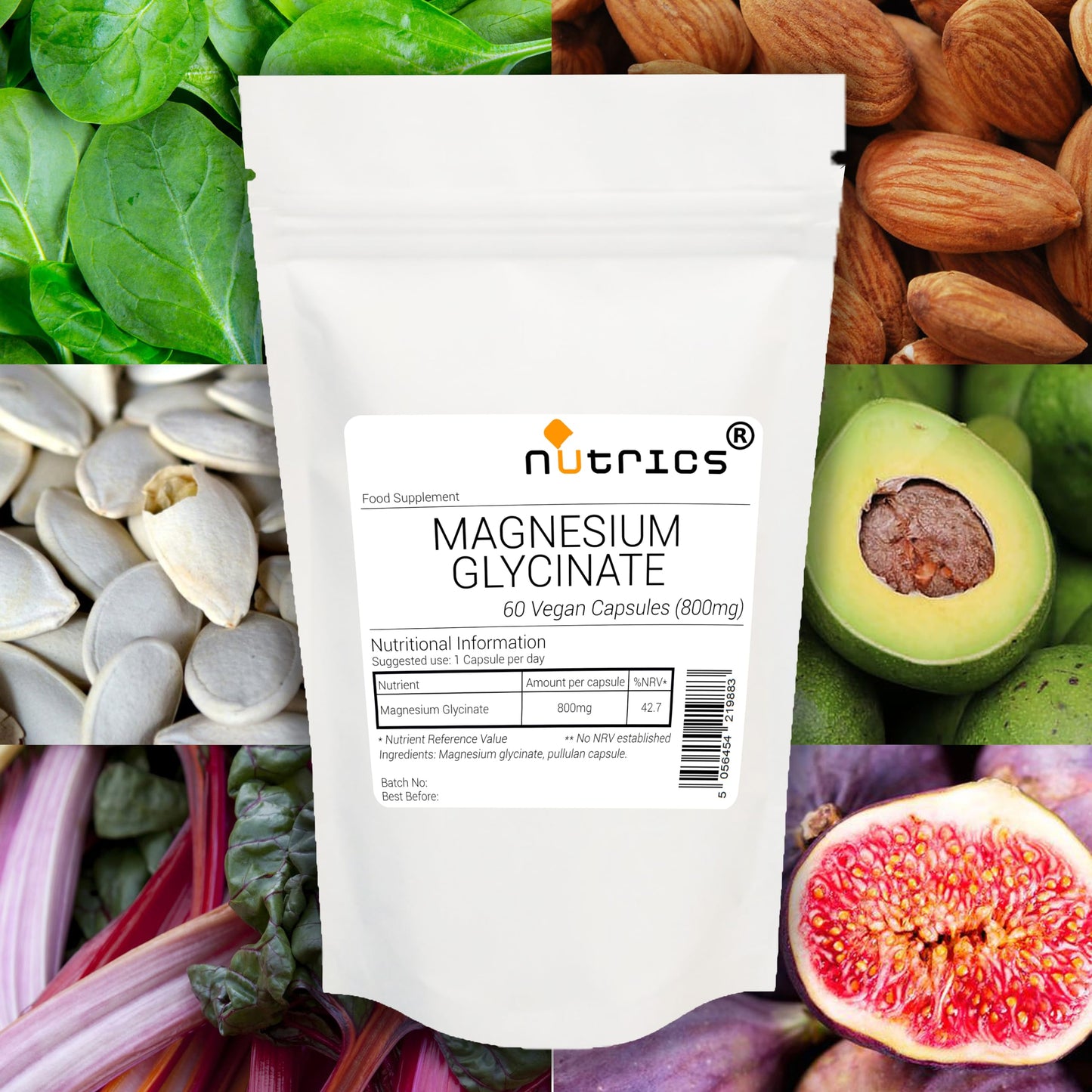 Nutrics® 800mg Magnesium GLYCINATE 100% Pure Highly Absorbable Strong V Capsules - Suitable for Vegan Vegetarian Halal & Kosher Diet- 60 Capsules (2 Month Supply) Ear Supply (60)