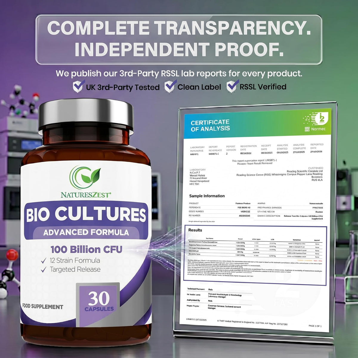 Natures Zest Bio Cultures Complex Probiotics & Prebiotics 100 Billion CFU for Gut Health - 30 Vegan Capsules Multi Strain Lactobacillus Plantarum, Acidophilus & Saccharomyces Boulardii for Men & Women, UK Made
