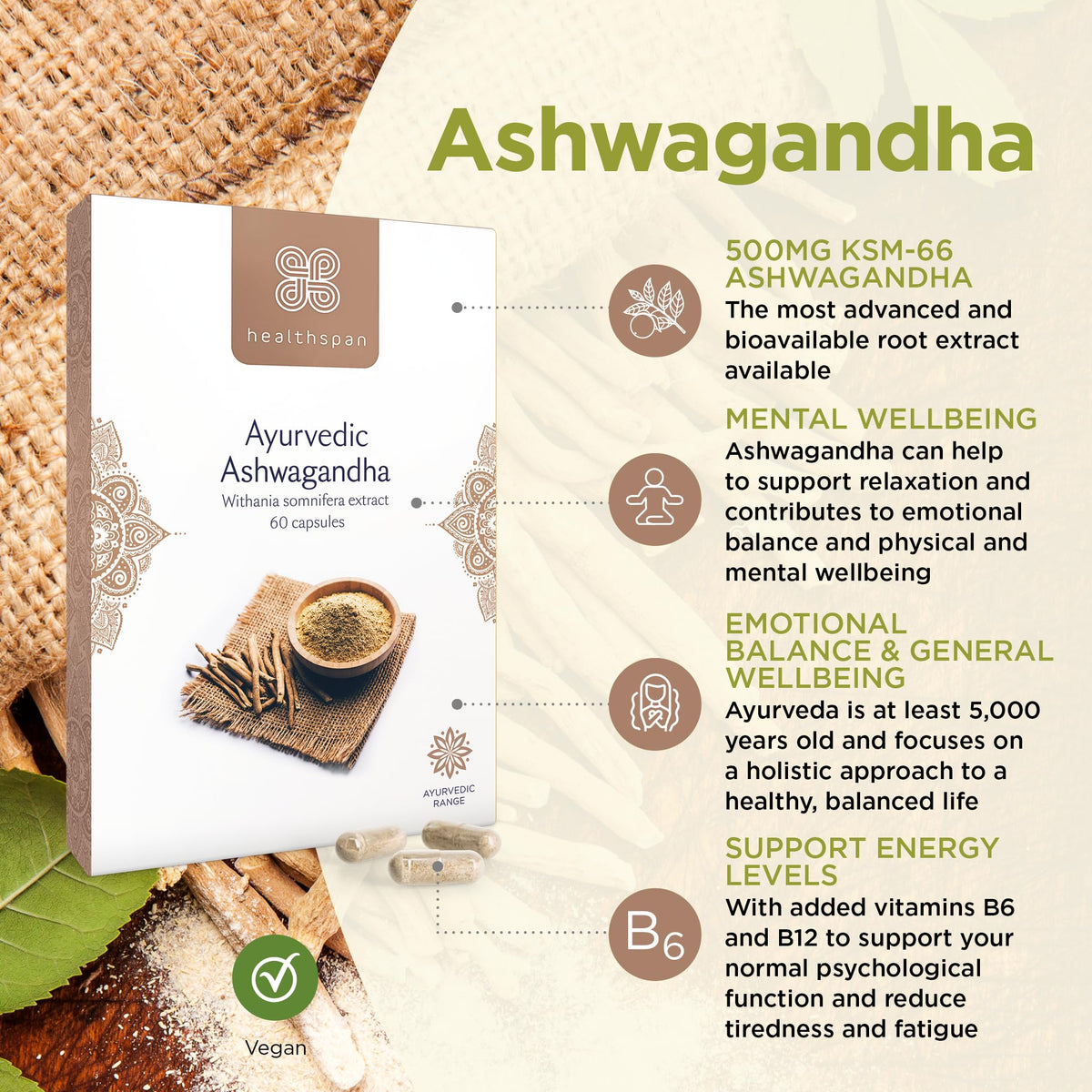 Healthspan Ashwagandha Mental Wellbeing Support | 60 Capsules | Supports Relaxation | 500mg KSM-66 Ashwagandha | Added Vitamins B6 & B12 | Ayurvedic | Vegan