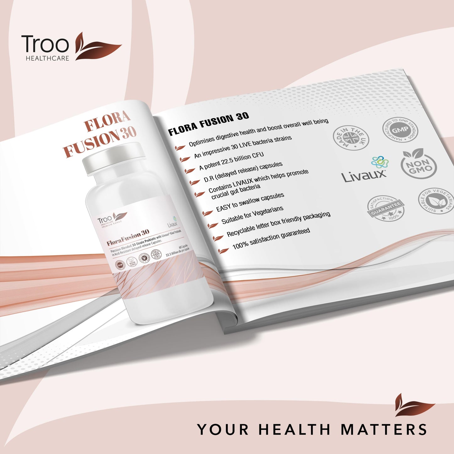 FloraFusion 30 Elite Advanced Probiotic and Livaux Prebiotic Active Cultures Supplement - 60 Capsules - 30 probiotics Strains (22.5 Billion CFU)