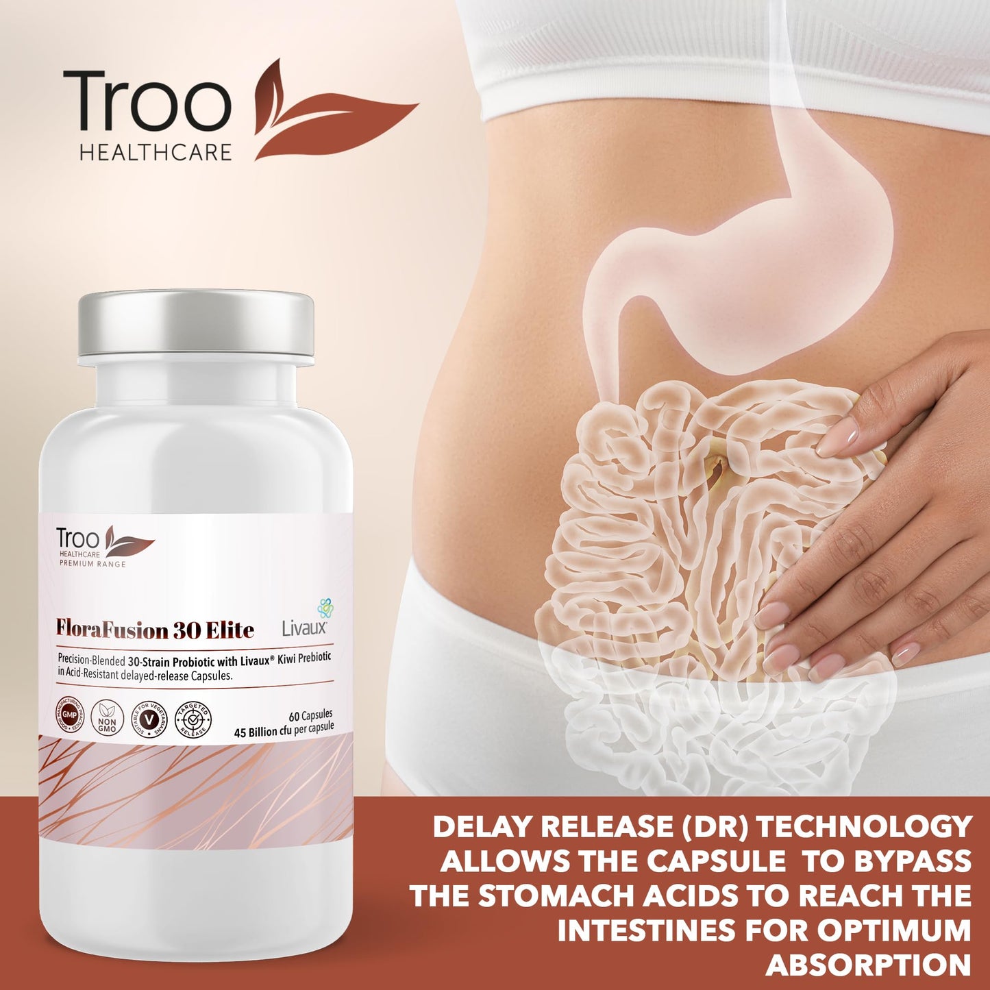 FloraFusion 30 Elite Advanced Probiotic and Livaux Prebiotic Active Cultures Supplement - 60 Capsules - 30 probiotics Strains with 45 Billion CFU Per Capsule (45 Billion CFU)