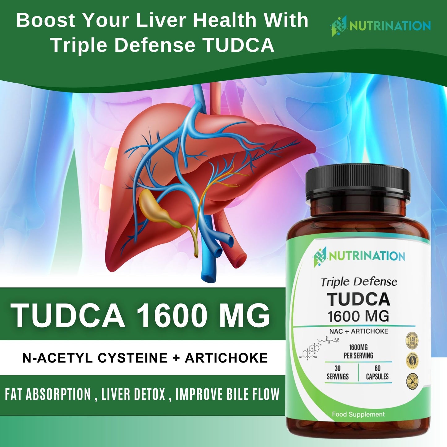NUTRINATION Tudca Supplement 1600mg | 99.2% Pure 1400mg TUDCA, 100mg Artichoke Extract & 100mg NAC | 60 High Potency Capsules | Tauroursodeoxycholic Acid - Bile Salt for Liver Support & Digestion | Lab Tested