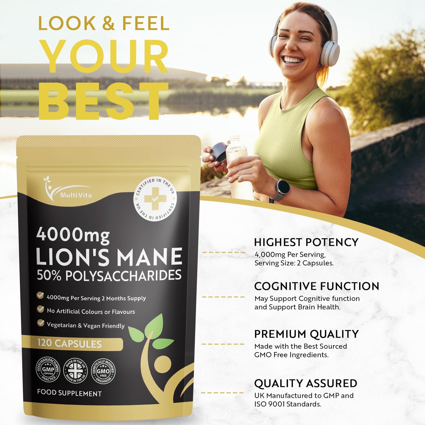 Multivita Lion's Mane Mushroom Extract 4000mg - 120 High Strength Vegan Capsules, 2 Months Supply - Brain and Focus Supplement for Better Cognitive Health - (Not Powder or Tablets) UK Made GMO Free