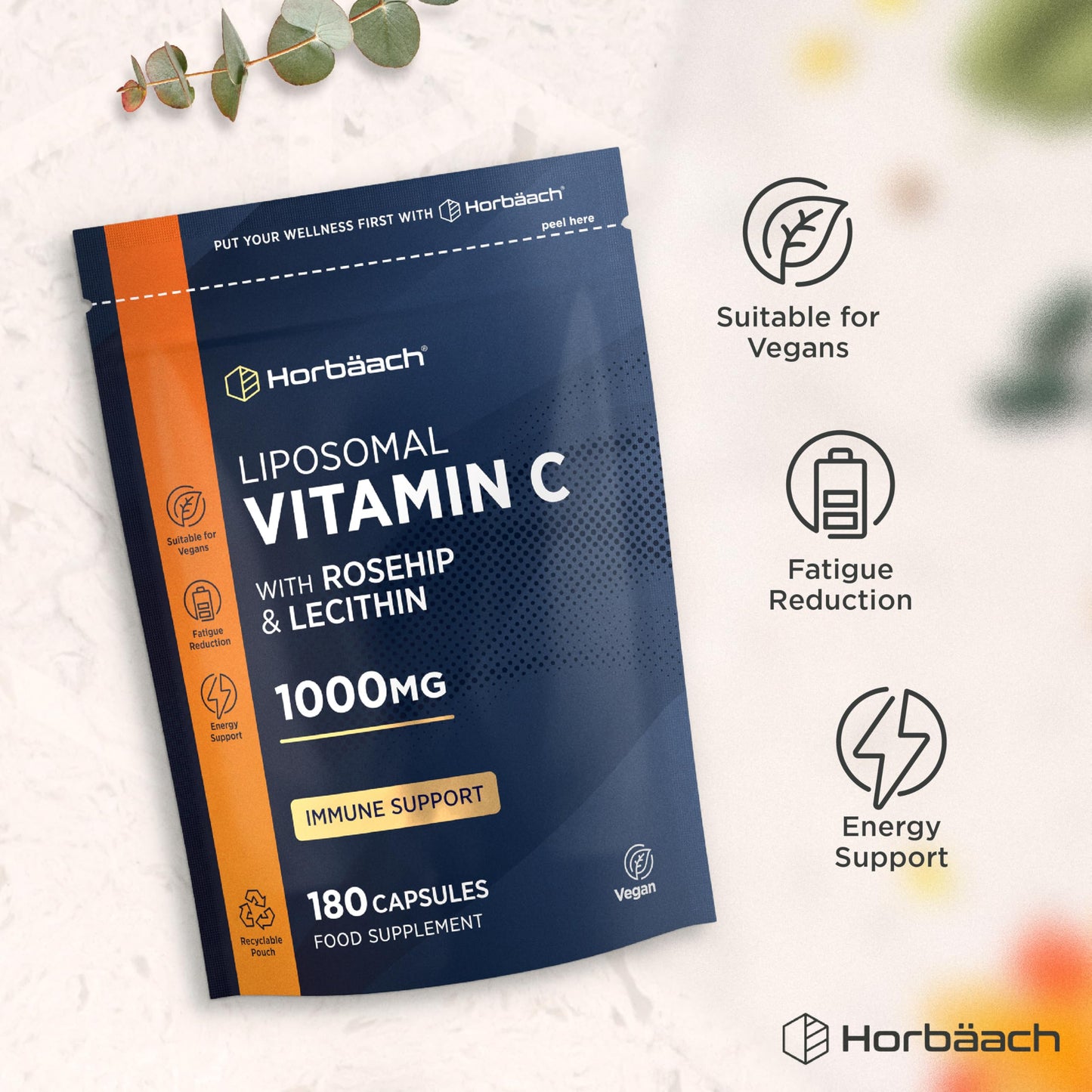 Horbäach Liposomal Vitamin C 1000mg with Rosehip | 180 Capsules | High Strength Vitamin C as Ascorbic Acid with Added Rosehip and Sunflower Lecithin | Vegan Supplement | By Horbaach