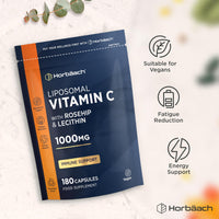 Horbäach Liposomal Vitamin C 1000mg with Rosehip | 180 Capsules | High Strength Vitamin C as Ascorbic Acid with Added Rosehip and Sunflower Lecithin | Vegan Supplement | By Horbaach