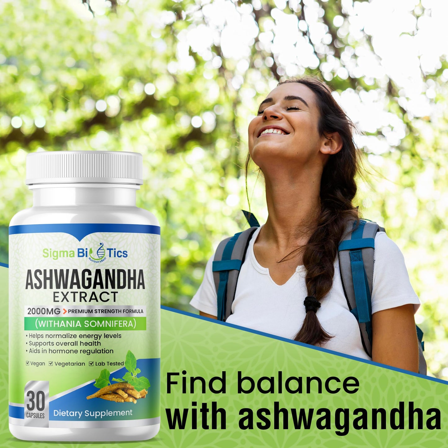 SigmaBiotics Ashwagandha Extract Tablets - Premium Strength Formula - Supports Energy, Overall Health, and Hormone Regulation - Vegan and Gluten Free - 30 Tablets