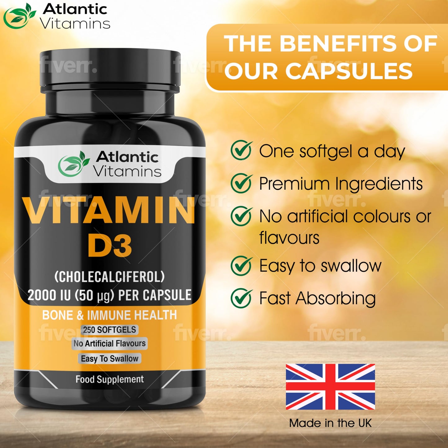 Vitamin D3 2000iu Softgel Capsules - High Strength Vitamin D for Immune Support - Healthy Bones and Teeth - Muscle Function - Easy to Swallow Cholecalciferol VIT D3 - Atlantic Vitamins - UK Made