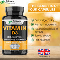 Vitamin D3 2000iu Softgel Capsules - High Strength Vitamin D for Immune Support - Healthy Bones and Teeth - Muscle Function - Easy to Swallow Cholecalciferol VIT D3 - Atlantic Vitamins - UK Made