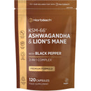 Horbäach Ashwagandha KSM-66 and Lion's Mane 2500mg Capsules | KSM-66 Ashwagandha Root Extract & Lion's Mane Mushroom Extract, Enhanced with Black Pepper | 120 Vegan Capsules | Horbaach