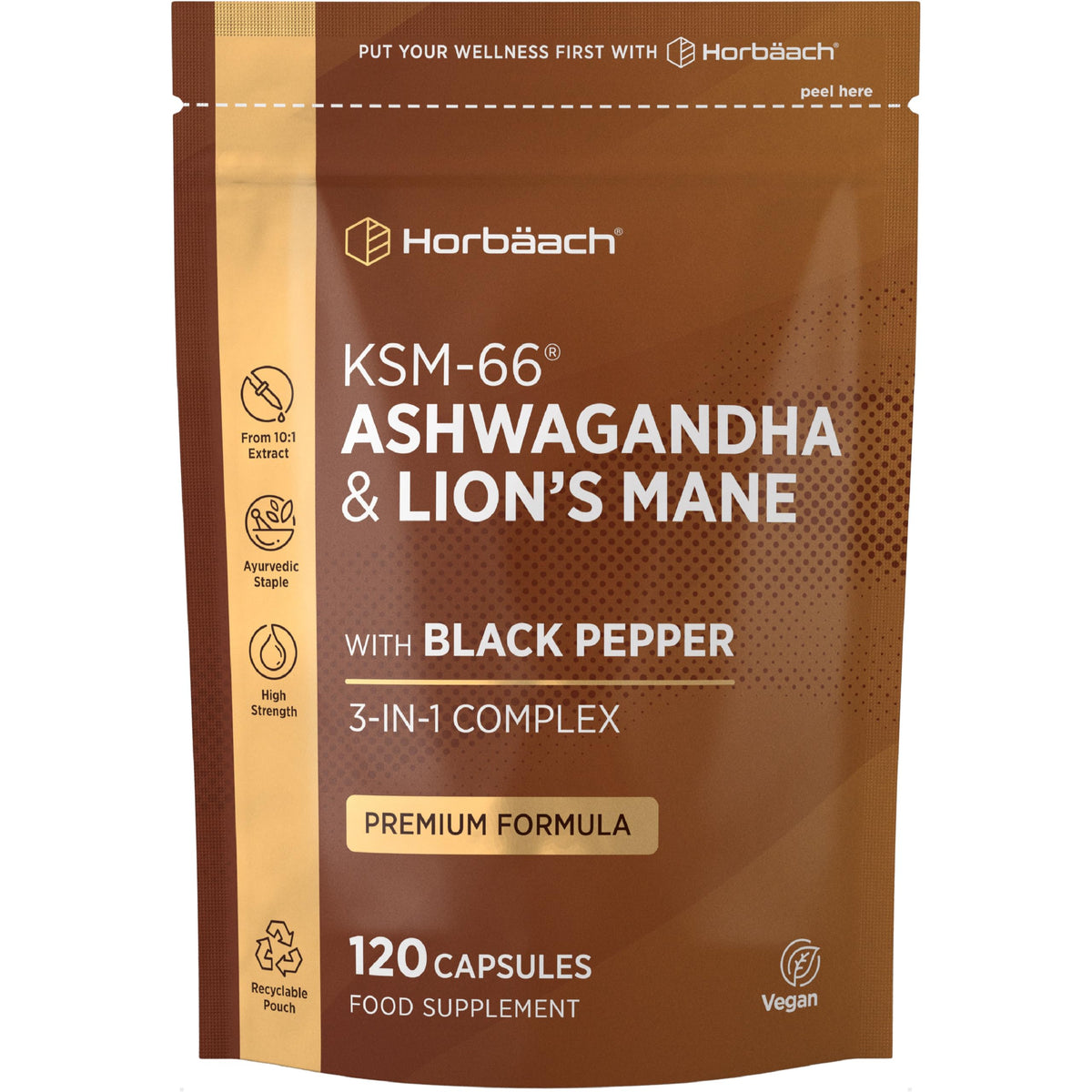 Horbäach Ashwagandha KSM-66 and Lion's Mane 2500mg Capsules | KSM-66 Ashwagandha Root Extract & Lion's Mane Mushroom Extract, Enhanced with Black Pepper | 120 Vegan Capsules | Horbaach