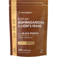 Horbäach Ashwagandha KSM-66 and Lion's Mane 2500mg Capsules | KSM-66 Ashwagandha Root Extract & Lion's Mane Mushroom Extract, Enhanced with Black Pepper | 120 Vegan Capsules | Horbaach