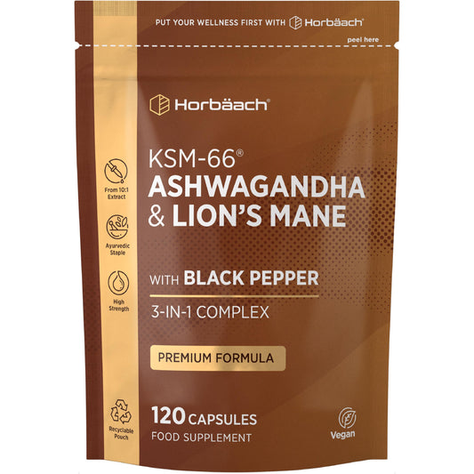 Horbäach Ashwagandha KSM-66 and Lion's Mane 2500mg Capsules | KSM-66 Ashwagandha Root Extract & Lion's Mane Mushroom Extract, Enhanced with Black Pepper | 120 Vegan Capsules | Horbaach