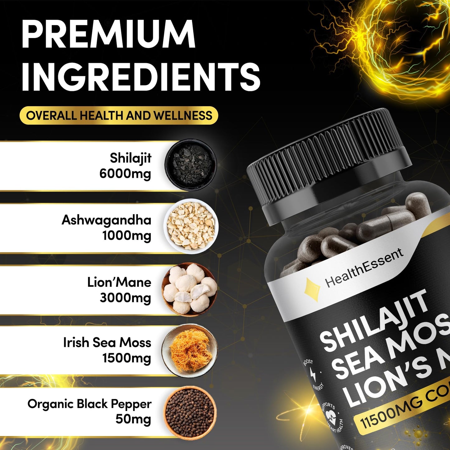 HealthEssent Shilajit Seamoss and Lions Mane Capsules, 11500mg 3-in-1 Brain & Focus Supplement with Ashwagandha & Black Pepper, High Strength Lions Mane Shilajit Blend for Energy & Immunity,120 Vegan Capsules