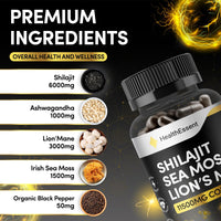 HealthEssent Shilajit Seamoss and Lions Mane Capsules, 11500mg 3-in-1 Brain & Focus Supplement with Ashwagandha & Black Pepper, High Strength Lions Mane Shilajit Blend for Energy & Immunity,120 Vegan Capsules