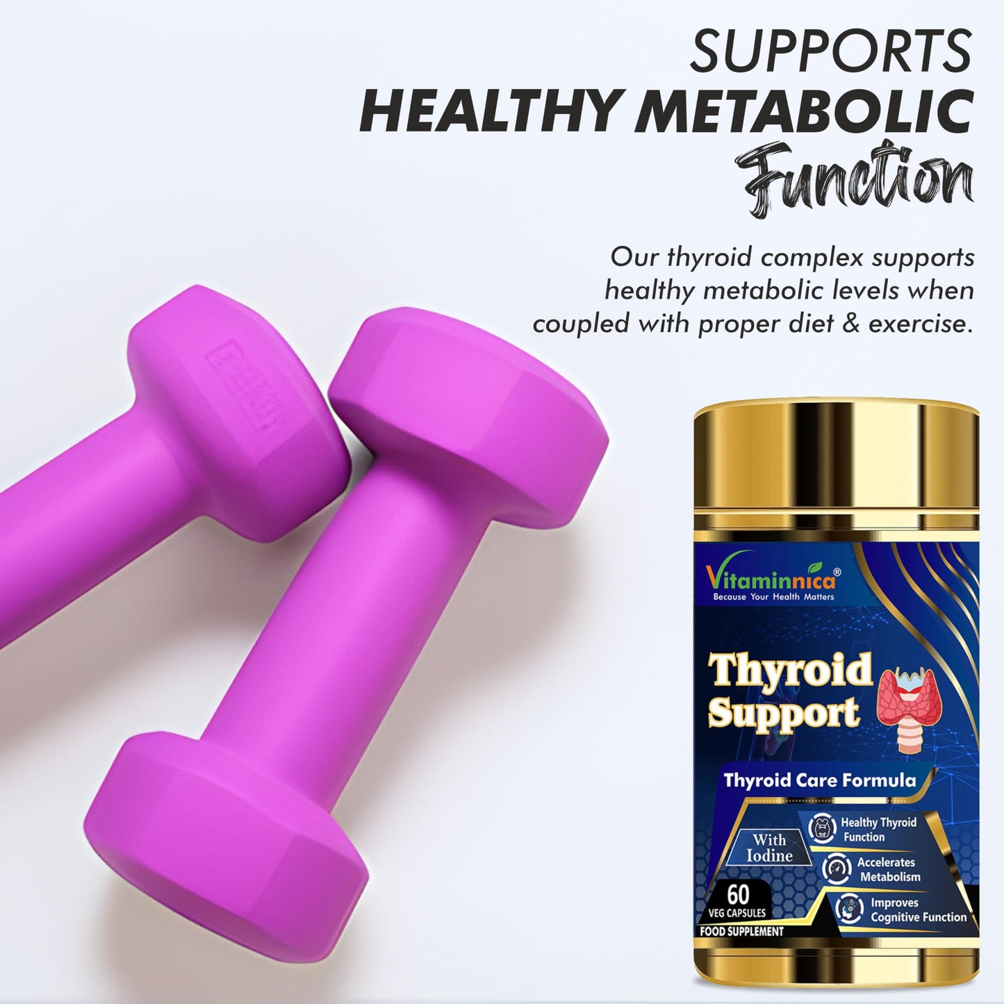 Vitaminnica Because your Health Matters Vitaminnica Thyroid Support - Supplement for Women and Men - Energy & Focus Formula - Vegetarian & Non-GMO - Iodine, Vitamin D3 Complex, Zinc, Selenium, Ashwagandha, Copper- 2 Months Supply