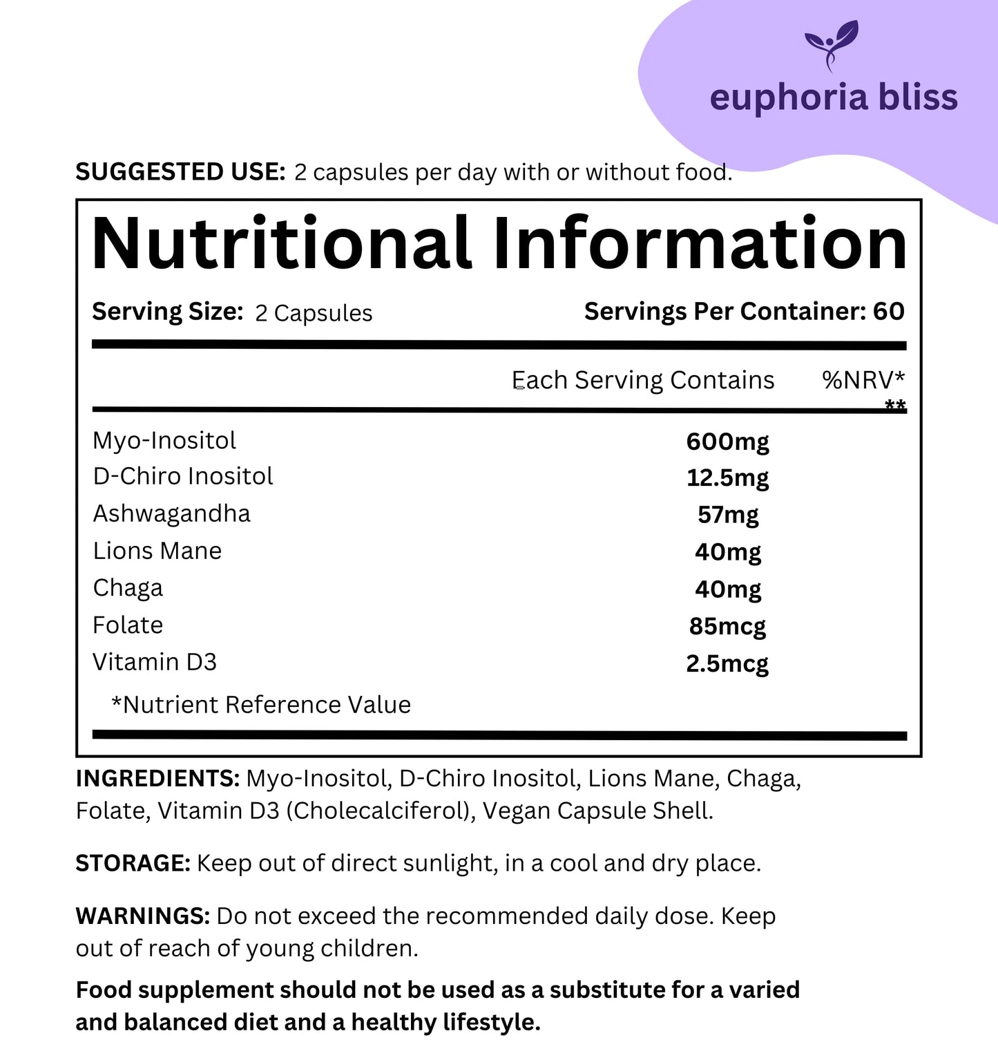 Euphoria Bliss Myo-Inositol & D-Chiro Inositol Blend Capsule, Vitamin D3, Lions, Chaga, Ashwagandha, Folate, PCOS Support Supplement, Hormonal Balance, Healthy Ovarian Function Support for Women, 120 Caps