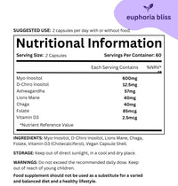 Euphoria Bliss Myo-Inositol & D-Chiro Inositol Blend Capsule, Vitamin D3, Lions, Chaga, Ashwagandha, Folate, PCOS Support Supplement, Hormonal Balance, Healthy Ovarian Function Support for Women, 120 Caps