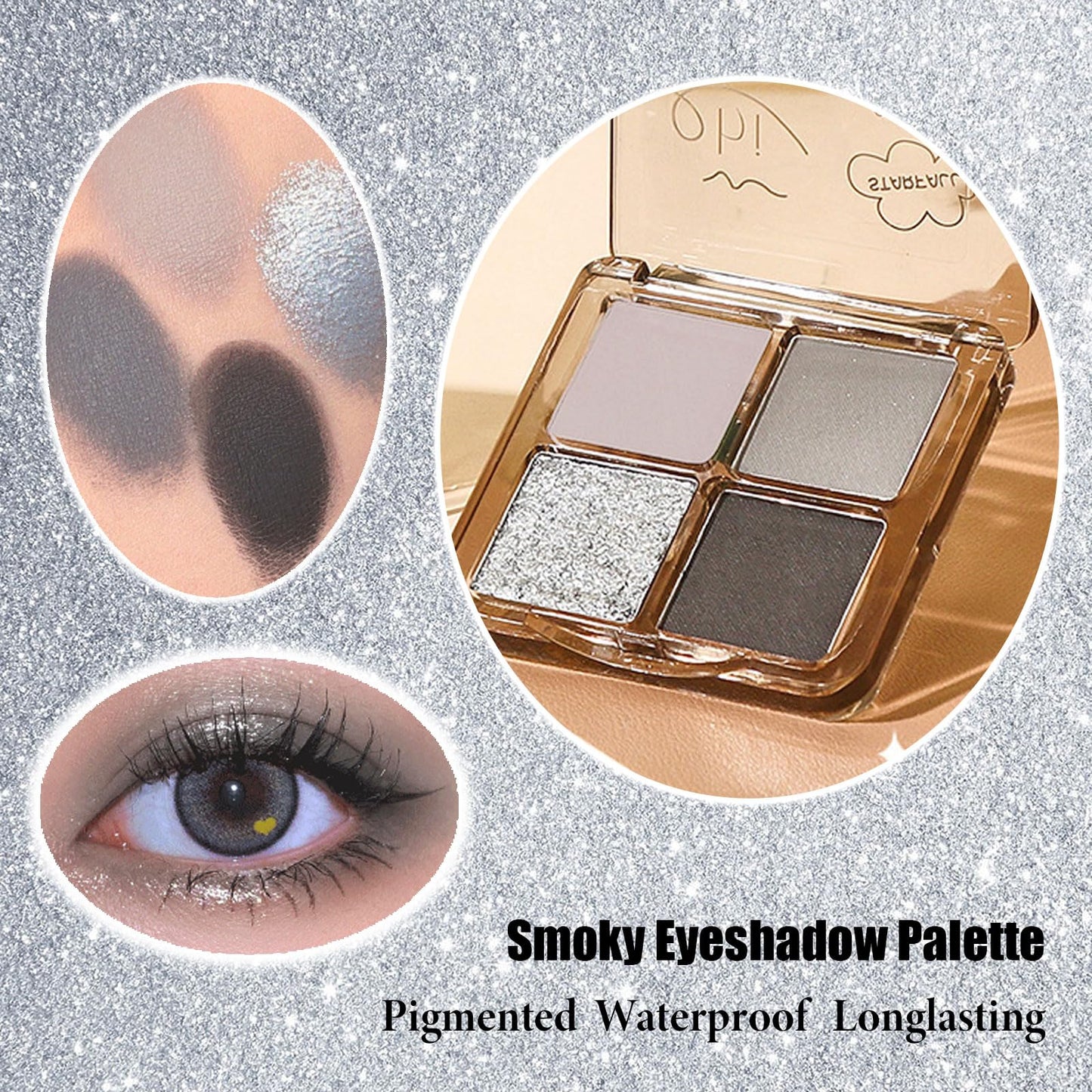Black Silver Smoky Eyeshadow Palettes, Gray Cool Make-Up Palettes Shimmer Glitter Eye Shadow, 4-colour Gothic Highly Pigmented Long Lasting Shimmering and Matte Eye Shadow Palette