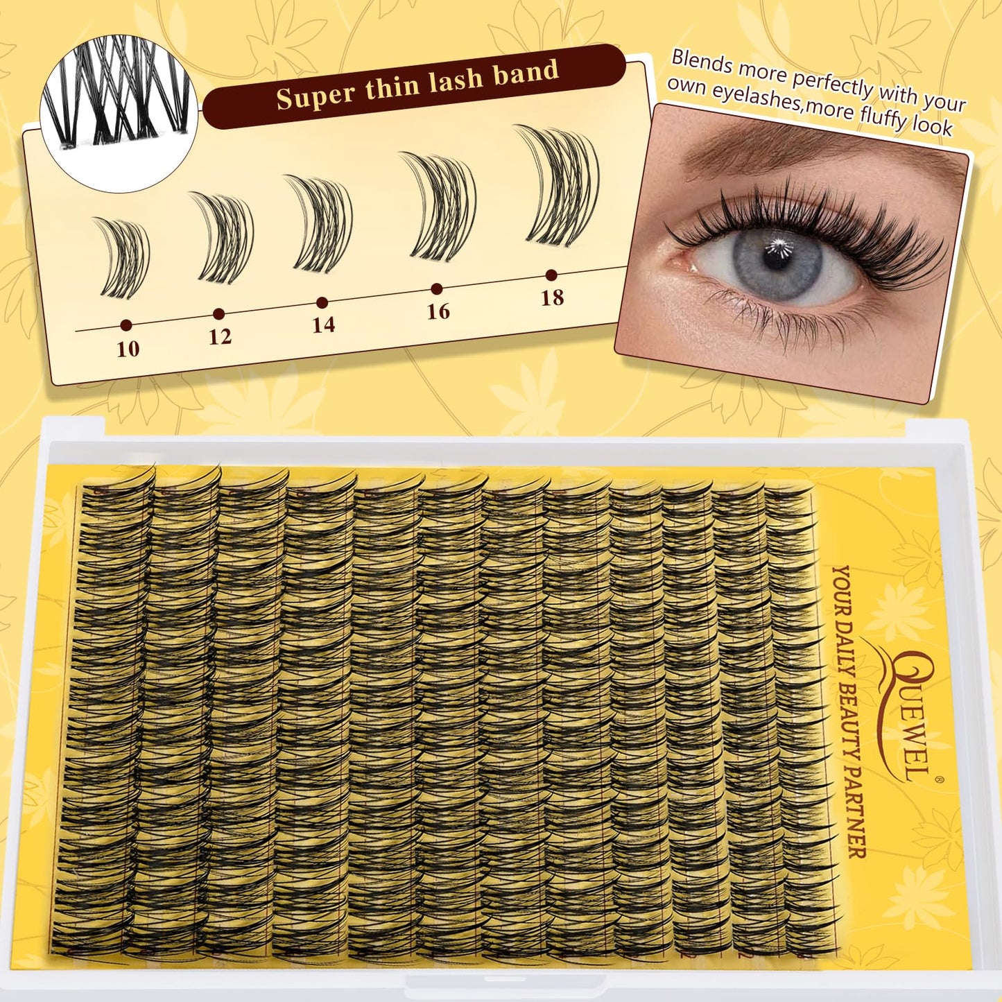 QUEWEL Manga Cluster Lashes Natural Look D Curl Wispy Eyelash Clusters Mix 10-18mm, Eyelashes Individual DIY Lash Extensions at Home (QU41)