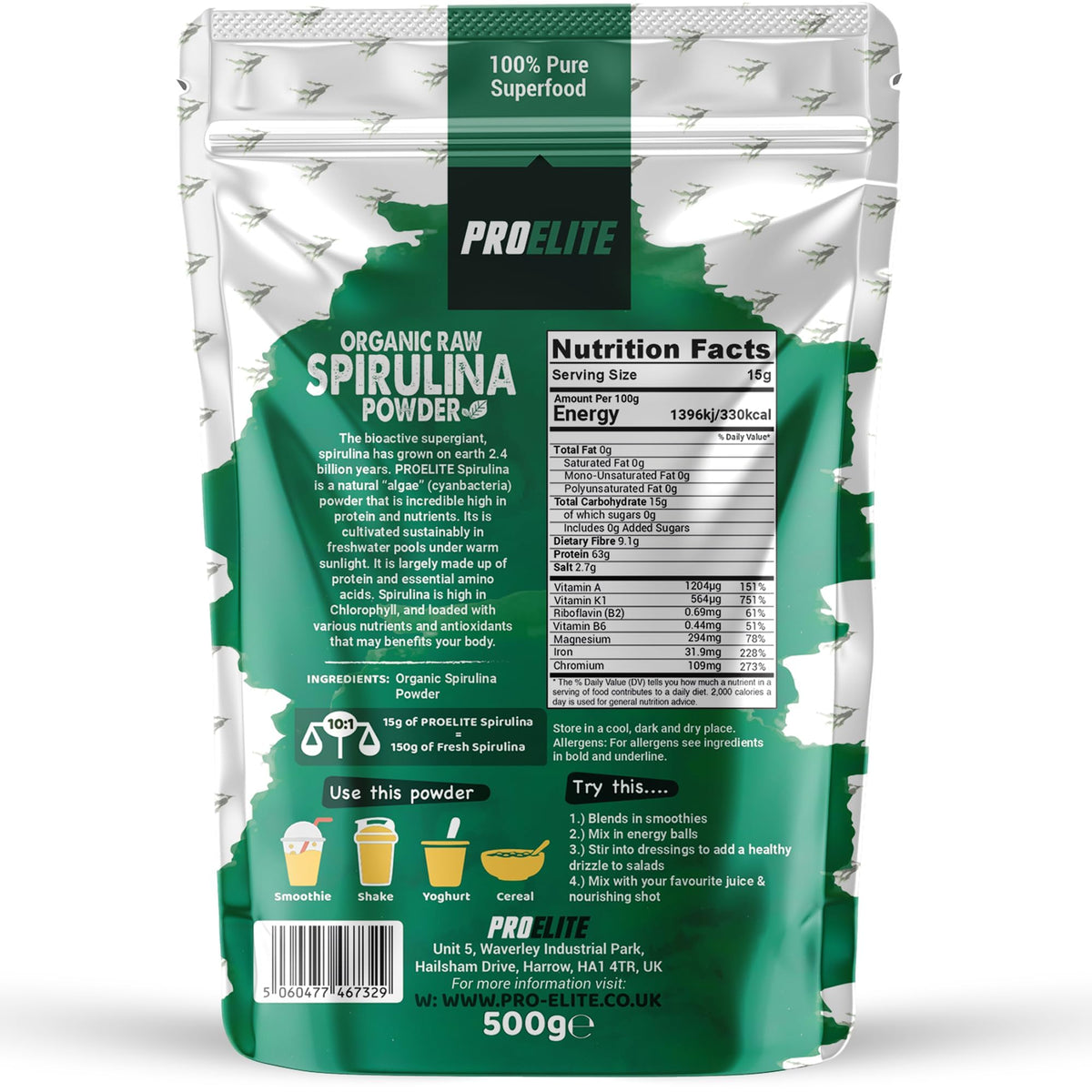 Organic Spirulina Powder 500g Natural Immune Booster | Premium Superfood Super Greens Spirulina Powder | Rich in Essential Vitamins & Minerals Vegans & Vegetarians by PROELITE