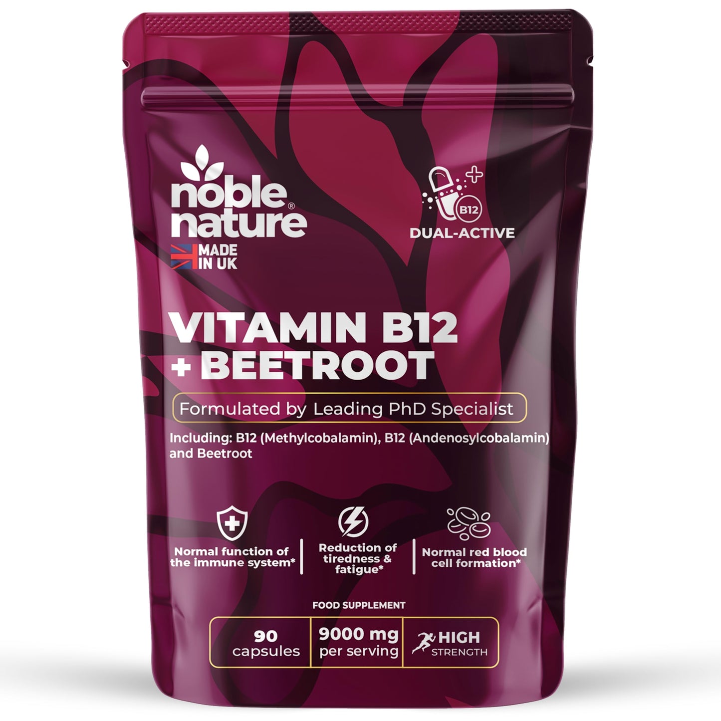 NobleNature Beetroot & Vitamin B12 Complex – 9000mg Beetroot + 1000mcg Dual B12 (Methylcobalamin & Adenosylcobalamin) – Energy & Immune Support – 90 Capsules – UK Made (90)