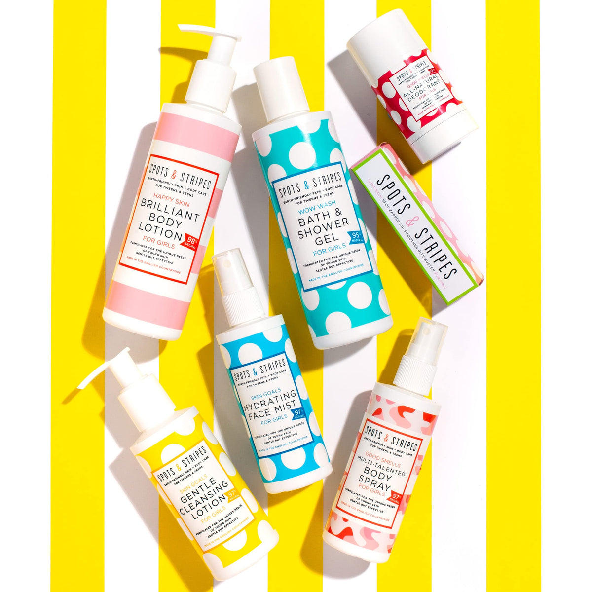 Spots & Stripes - Starter Skincare Set for Girls, Easy-to-Use and Natural Essentials for Teen and Young Skin, with Virgin Coconut, Kanuka and Niaouli, Super Gentle, Combats Blemishes (150ml and 15g)